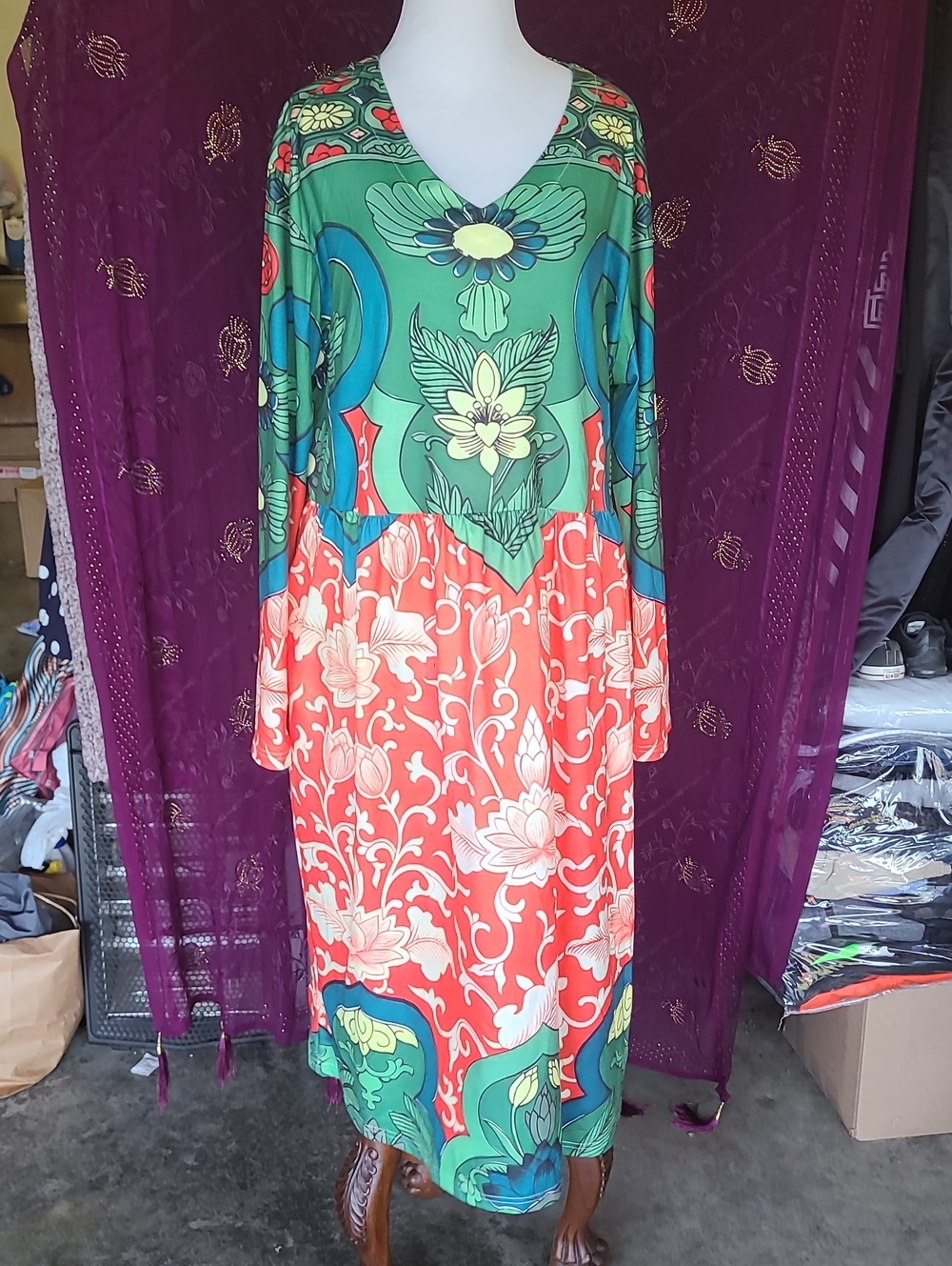 Green and Coral Floral V-Neck Maxi Dress